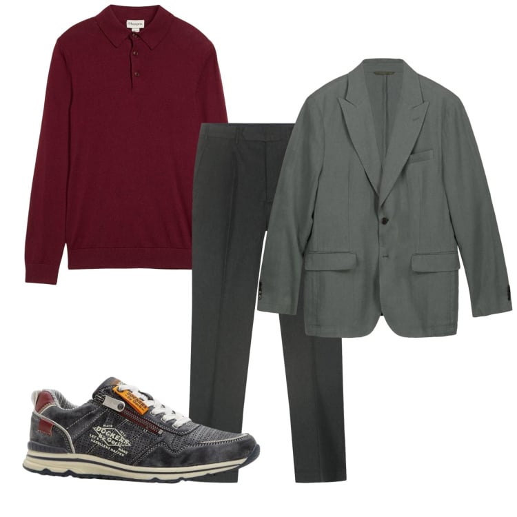 Outfit uomo - Grigio e burgundy. Stile Casual per Tutti i giorni. Abbinamento con maglieria, sneakers, giacche, pantaloni.