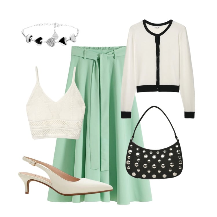 Outfit donna - Serata primaverile. Stile Chic per Serata fuori. Abbinamento con gonne lunghe, décolleté, cardigans, borse a tracolla, top, braccialetti.