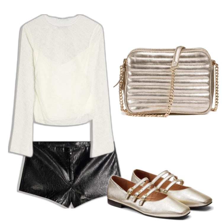 Outfit mujer - Trendy look. Estilo Trendy para Todos los días. Combinación con camiseta, bolsos de hombro, bailarinas, shorts.