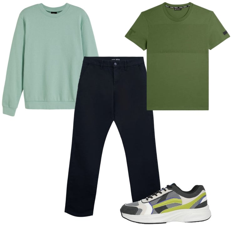 Outfit uomo - Primavera verde. Stile Casual per Tutti i giorni. Abbinamento con felpe, pantaloni chino, sneakers, t-shirt.
