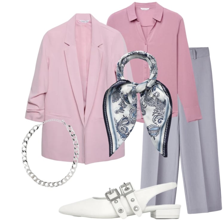 Outfit donna - Grigio e rosa. Stile Bon Ton per Ufficio. Abbinamento con blazer, collane, foulard, ballerine, camicie, pantaloni.
