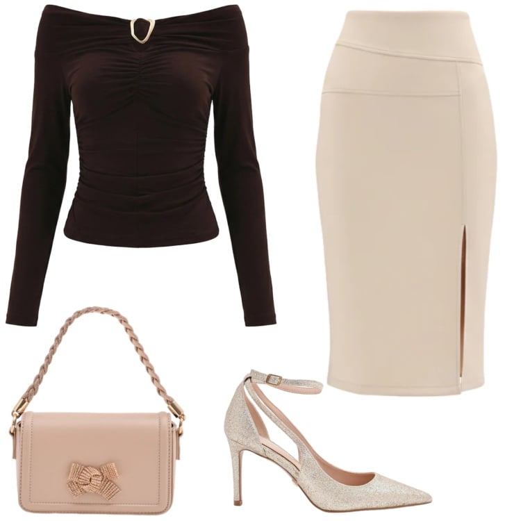 Outfit donna - Total look #2370823. Stile Casual per Tutti i giorni. Abbinamento con pochette, décolleté, gonne longuette, bluse.