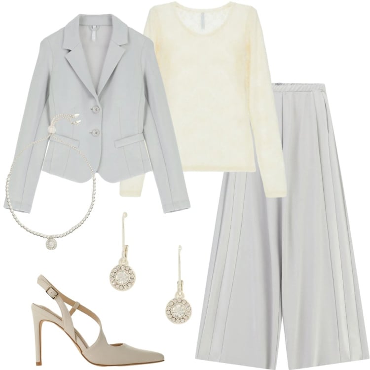 Outfit donna - Imperial - The New Crew SS 2026. Stile Chic per Cerimonia. Abbinamento con bluse, blazer, pantaloni a palazzo, décolleté, braccialetti, orecchini.