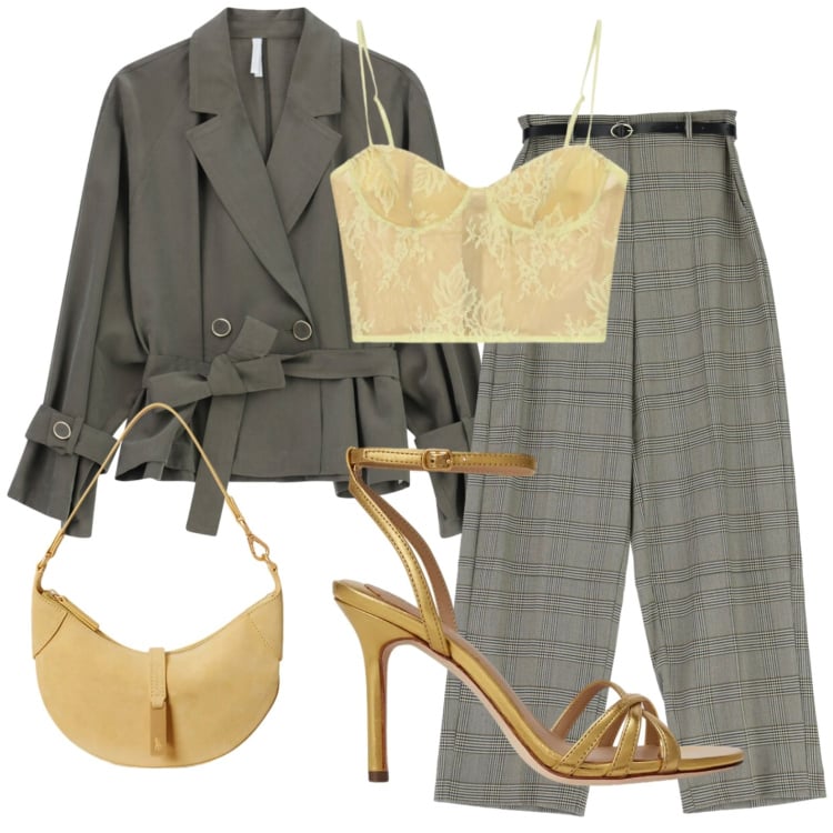 Outfit donna - Top in pizzo. Stile Glamour per Serata fuori. Abbinamento con blazer, pantaloni a palazzo, canottiere, sandali in pelle, borse a spalla.