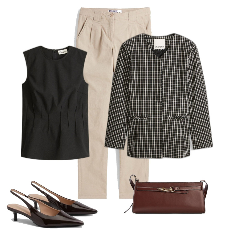 Outfit femme - Blazer a carreaux. Style Bon Ton pour Tous les jours. Assortir avec pantalon , hauts, blazers, sacs en bandoulière, chaussures à talon.