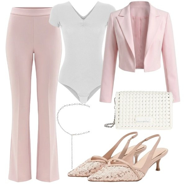 Outfit donna - Rosa panna. Stile Romantica per Cerimonia. Abbinamento con borse a tracolla, cinture, bolero, pantaloni, décolleté, body.