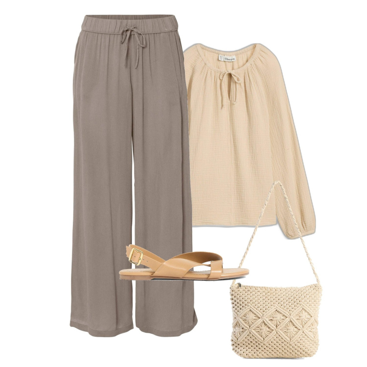 Outfit femme - Casual Spring. Style Casual pour Tous les jours. Assortir avec pantalon , tuniques, sacs en bandoulière, sandales.