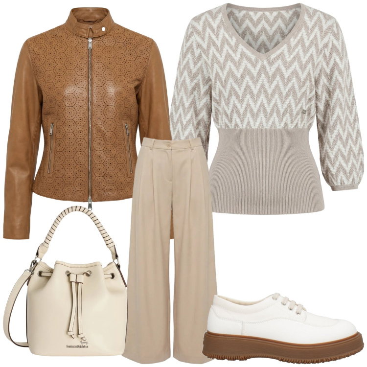 Outfit donna - Giubbetto in pelle. Stile Casual per Tutti i giorni. Abbinamento con scarpe stringate, maglieria, borse a secchiello, giacche, pantaloni.