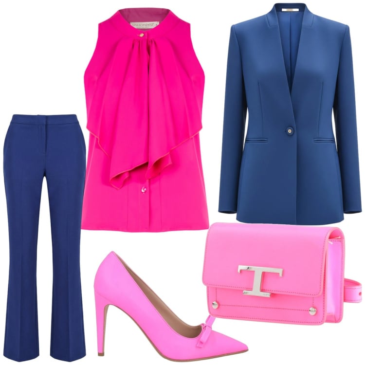 Outfit donna - Fucsia e blu. Stile Glamour per Serata fuori. Abbinamento con décolleté, marsupi, canottiere, blazer, pantaloni.