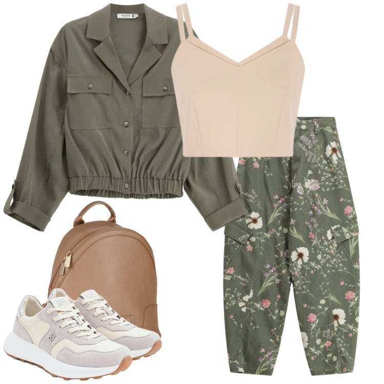 Outfit donna - Wild Bloom & Urban Utility. Stile Casual chic per Tutti i giorni. Abbinamento con zaini, pantaloni cargo, camicie, top, sneakers.