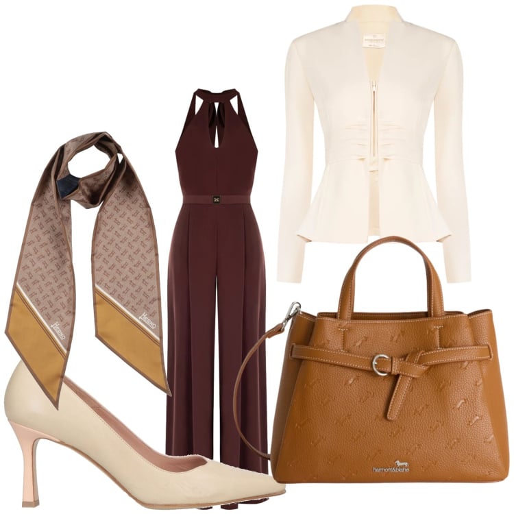 Outfit donna - Panna e cioccolato. Stile Glamour per Serata fuori. Abbinamento con sciarpe, décolleté, borse a mano, blazer, tute.