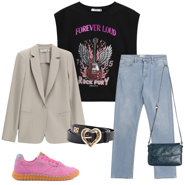 Outfit donna - Pink Rebel Tailoring. Stile Casual chic per Tutti i giorni. Abbinamento con borse a tracolla, jeans, blazer, top, cinture, sneakers.