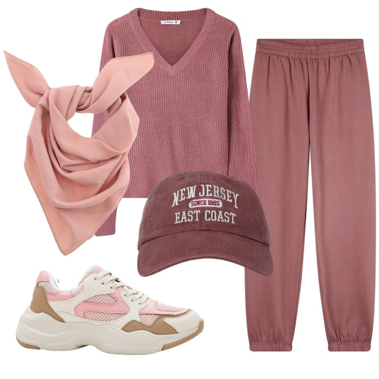 Outfit donna - Total look #2370864. Stile Basic per Tutti i giorni. Abbinamento con sneakers, cappelli con visiera, maglieria, pantaloni, foulard.