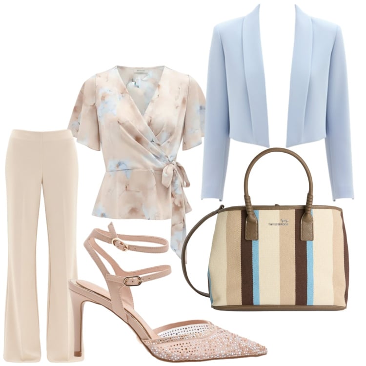 Outfit donna - Total look #2370866. Stile Chic per Serata fuori. Abbinamento con shopping bag, bluse, décolleté, blazer, pantaloni a palazzo.