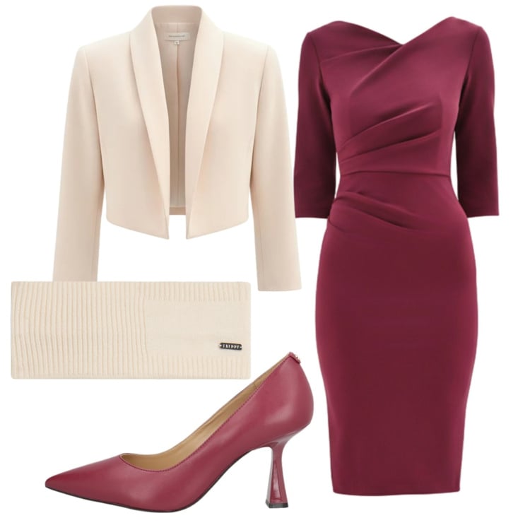 Outfit donna - Total look #2370868. Stile Chic per Cerimonia. Abbinamento con décolleté, bolero, vestiti asimmetrici, accessori per capelli.