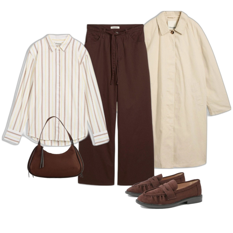 Outfit femme - Trench minimaliste. Style Tendance pour Tous les jours. Assortir avec chemisiers, pantalon , sacs en bandoulière, imperméable, mocassins.