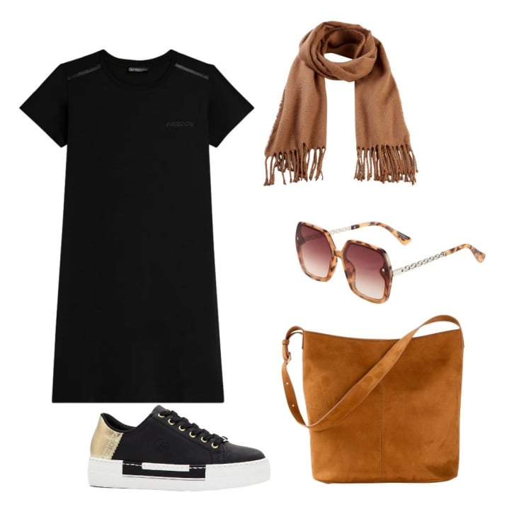 Outfit donna - Sportiva. Stile Sporty chic per Tutti i giorni. Abbinamento con sneakers, sciarpe, borse a mano, occhiali da sole, vestiti midi/longuette.