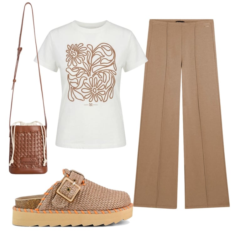 Outfit donna - Total look #2370872. Stile Basic per Tutti i giorni. Abbinamento con borse a secchiello, t-shirt, pantaloni, sabot.