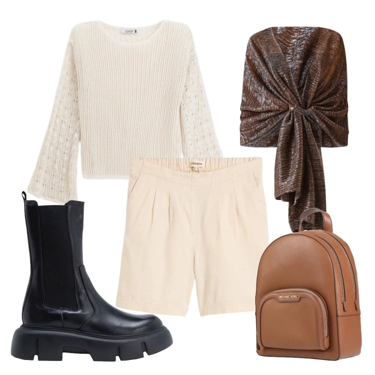 Outfit donna - Marzo in città. Stile Casual chic per Tutti i giorni. Abbinamento con zaini, stivaletti, bermuda, maglieria, stole.