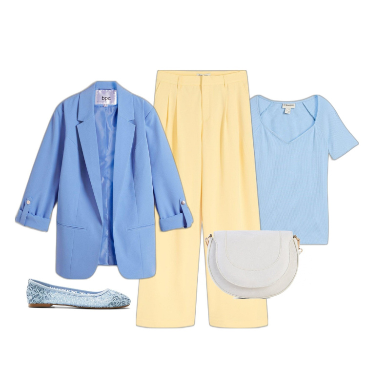Outfit femme - Pastel. Style Bon Ton pour Tous les jours. Assortir avec pantalon large en bas, ballerines, blazers, t-shirts, sacs en bandoulière.