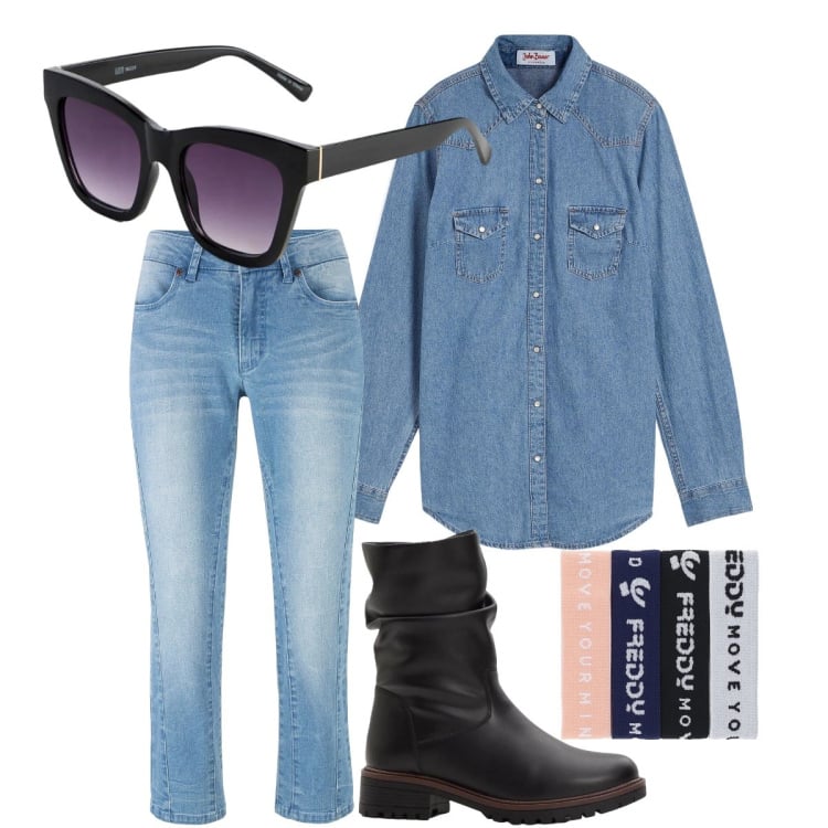Outfit donna - Stile western. Stile Etnico per Tutti i giorni. Abbinamento con camicie, jeans, stivali, occhiali da sole, braccialetti.