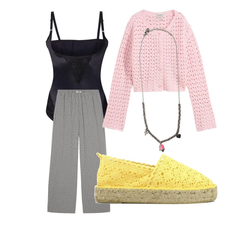 Outfit donna - Marzo primavera. Stile Trendy per Tutti i giorni. Abbinamento con cardigans, body, pantaloni, ciondoli, espadrillas.