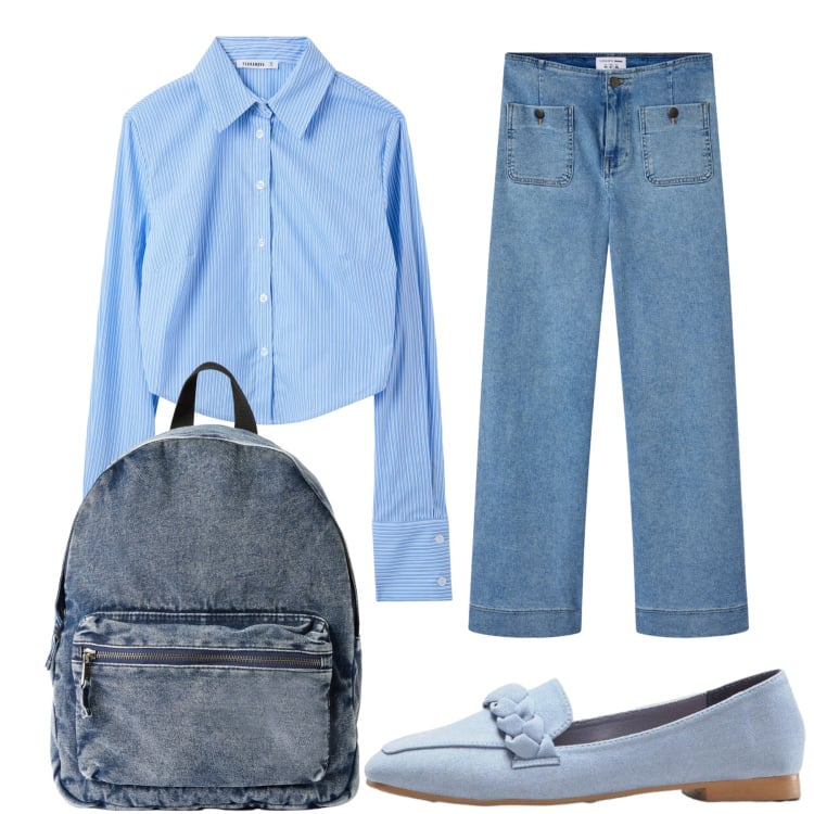 Outfit donna - Total look #2370893. Stile Urban per Scuola/Università. Abbinamento con mocassini, camicie, zaini, jeans.