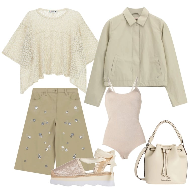 Outfit donna - Nice in white. Stile Casual chic per Tutti i giorni. Abbinamento con décolleté, body, borse a secchiello, top, blazer, bermuda.