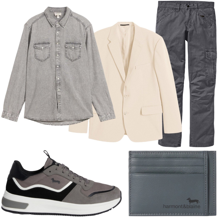 Outfit uomo - Total look #2370899. Stile Urban per Ufficio. Abbinamento con pantaloni cargo, giacche, camicie, sneakers, portafogli.