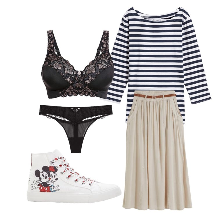 Outfit donna - Marzo bonprix. Stile Preppy per Scuola/Università. Abbinamento con reggiseni, maglieria, gonne lunghe, sneakers alte, perizomi.