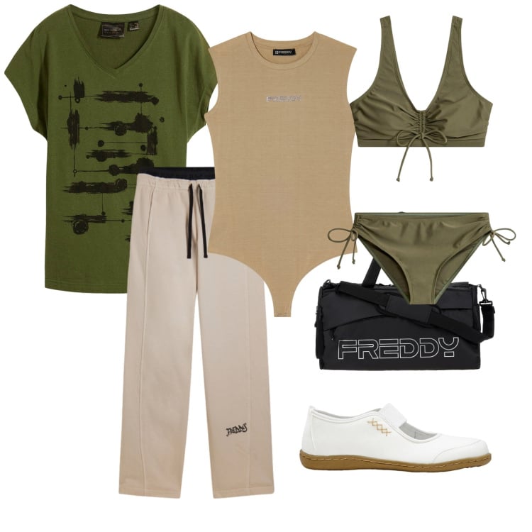 Outfit donna - Total look #2370904. Stile Sporty chic per Sport. Abbinamento con ballerine, t-shirt, bikini, borse sportive, body, pantaloni.