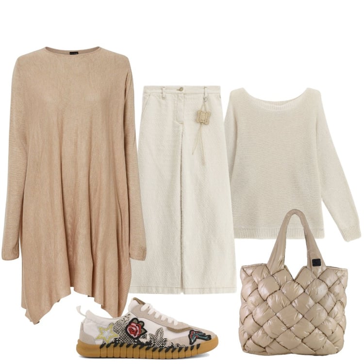 Outfit donna - In città. Stile Casual chic per Tutti i giorni. Abbinamento con maglieria, pantaloni a palazzo, maglieria, borse tote, sneakers.