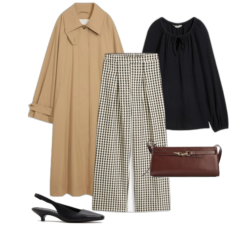 Outfit femme - Kitten heels. Style Bon Ton pour Tous les jours. Assortir avec imperméable, chaussures à talon, tuniques, pantalon large en bas, sacs en bandoulière.