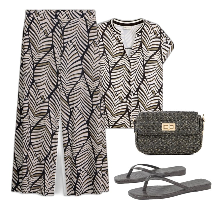 Outfit femme - Ensemble. Style Ethnique pour Soirée dehors. Assortir avec pantalon large en bas, tuniques, sacs en bandoulière, tong.