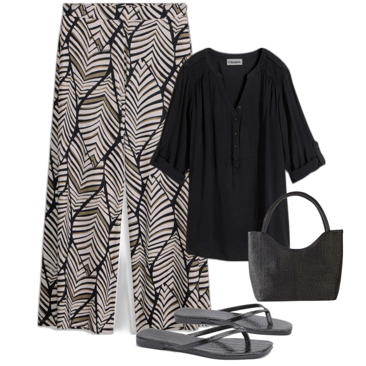 Outfit femme - Pantalon imprimé. Style Ethnique pour Tous les jours. Assortir avec pantalon large en bas, tuniques, sac cabas, tong.