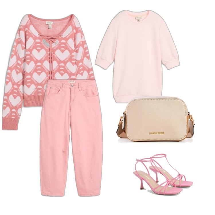 Outfit femme - La vie en rose. Style Tendance pour Soirée dehors. Assortir avec pantalon , sacs en bandoulière, t-shirts, pulls, sandales.