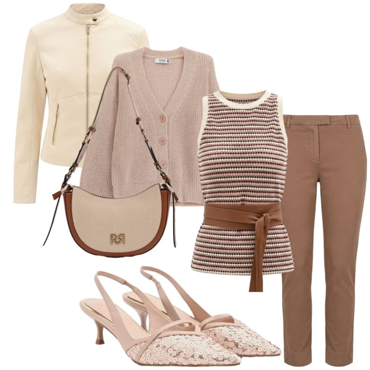 Outfit donna - I primi caldi. Stile Casual chic per Tutti i giorni. Abbinamento con pantaloni, cardigans, borse a tracolla, giacche, canottiere, décolleté.