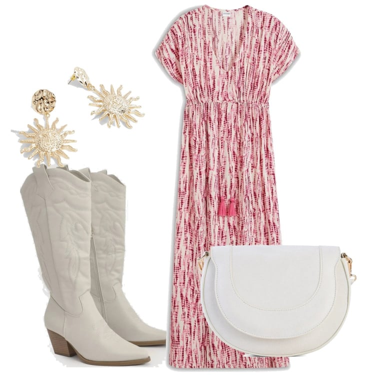 Outfit femme - Rose boho. Style Boho pour Soirée dehors. Assortir avec robes longues, sacs en bandoulière, boucles d'oreilles, bottines texanes.