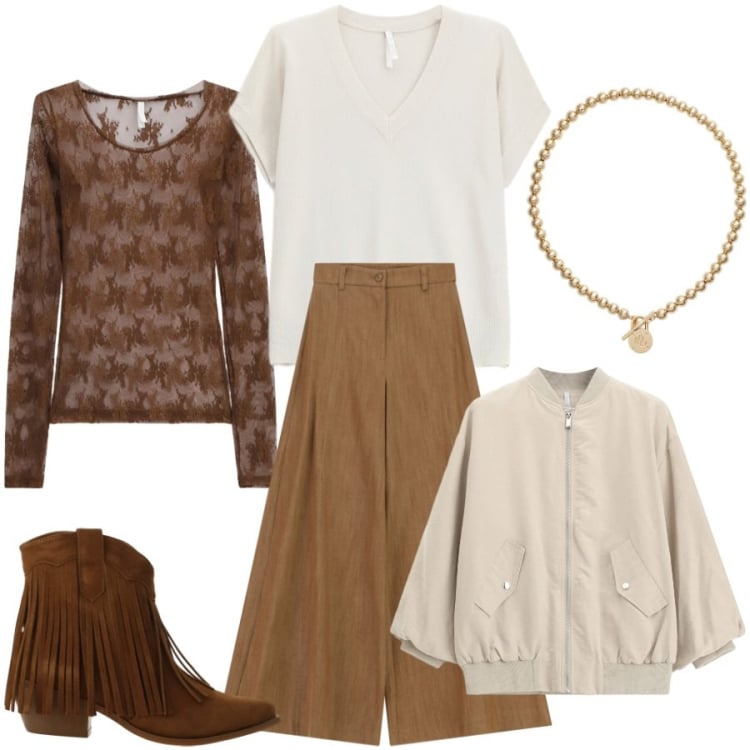 Outfit donna - Imperial mon amour. Stile Casual chic per Tutti i giorni. Abbinamento con pantaloni a palazzo, top, stivaletti texani, maglieria, bomber, collane.