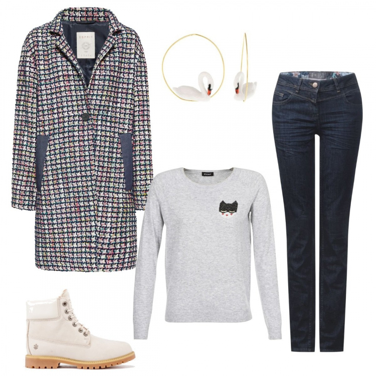 Outfit donna - Urban #1604. Stile Urban per Tutti i giorni. Abbinamento con orecchini in ottone oro, maglioni, jeans straight blu, giubbotto multicolore e navy, stivali con lacci.