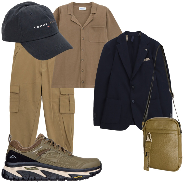 Outfit uomo - Il torrente delle cento briglie. Stile Urban per Tutti i giorni. Abbinamento con borse sportive, giacche, pantaloni cargo, camicie a manica corta, scarpe sportive, cappelli con visiera.
