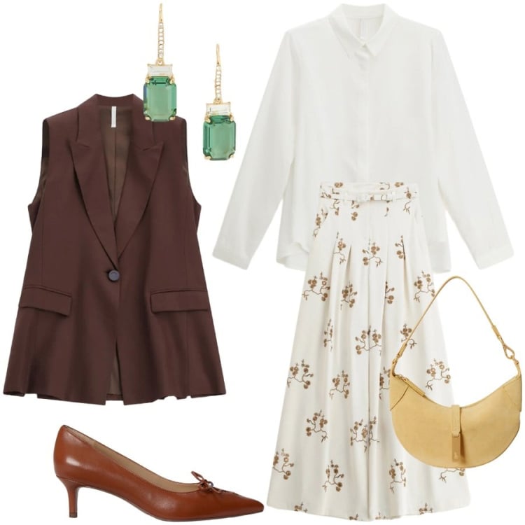 Outfit donna - Cerimonia di giorno. Stile Chic per Cerimonia. Abbinamento con camicie, pantaloni a palazzo, gilet, décolleté, orecchini, borse a spalla.