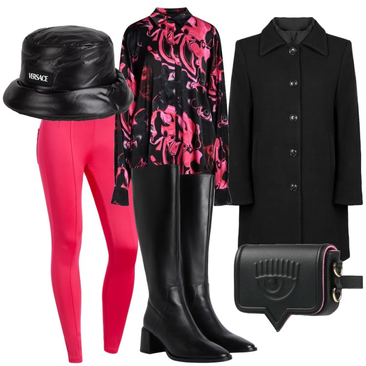 Outfit donna - Le Black Pink. Stile Glamour per Serata fuori. Abbinamento con marsupi, camicie, cappelli, stivali sopra il ginocchio, cappotti, leggings.