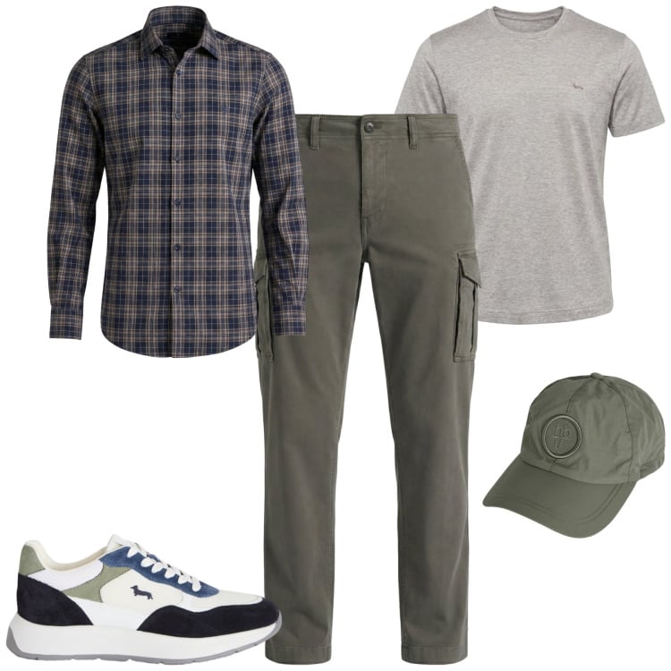 Outfit uomo - Total look #2370983. Stile Casual per Tutti i giorni. Abbinamento con sneakers, t-shirt, pantaloni cargo, cappelli, camicie.