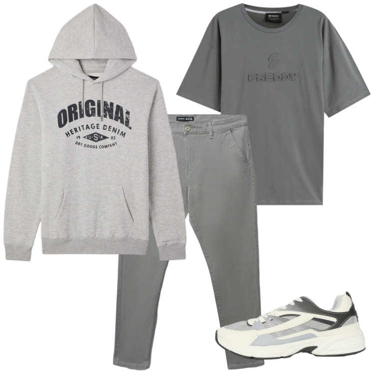 Outfit uomo - Urban style. Stile Urban per Tutti i giorni. Abbinamento con sneakers, felpe con cappuccio, pantaloni chino, t-shirt.
