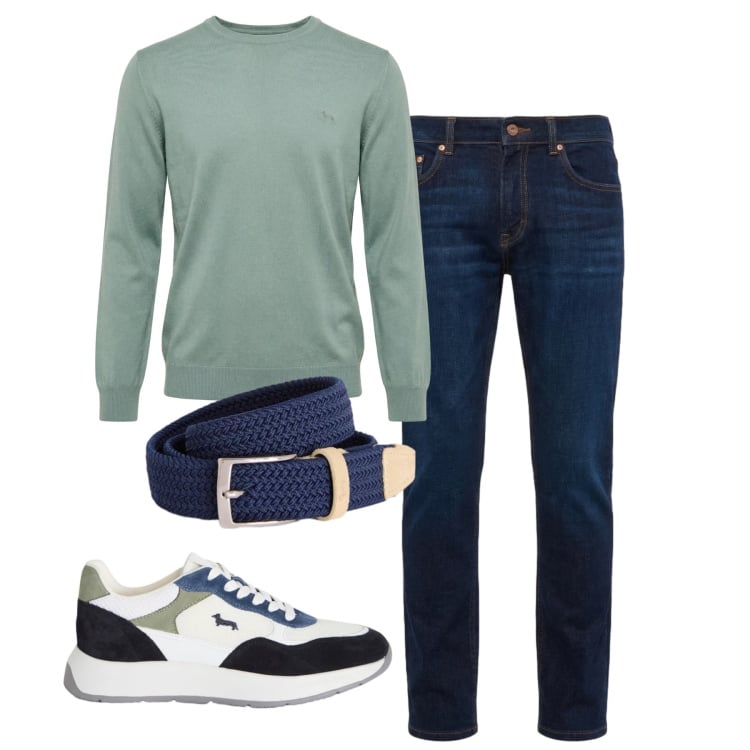 Outfit uomo - Acqua. Stile Casual per Tutti i giorni. Abbinamento con cinture, sneakers, jeans, pullovers.