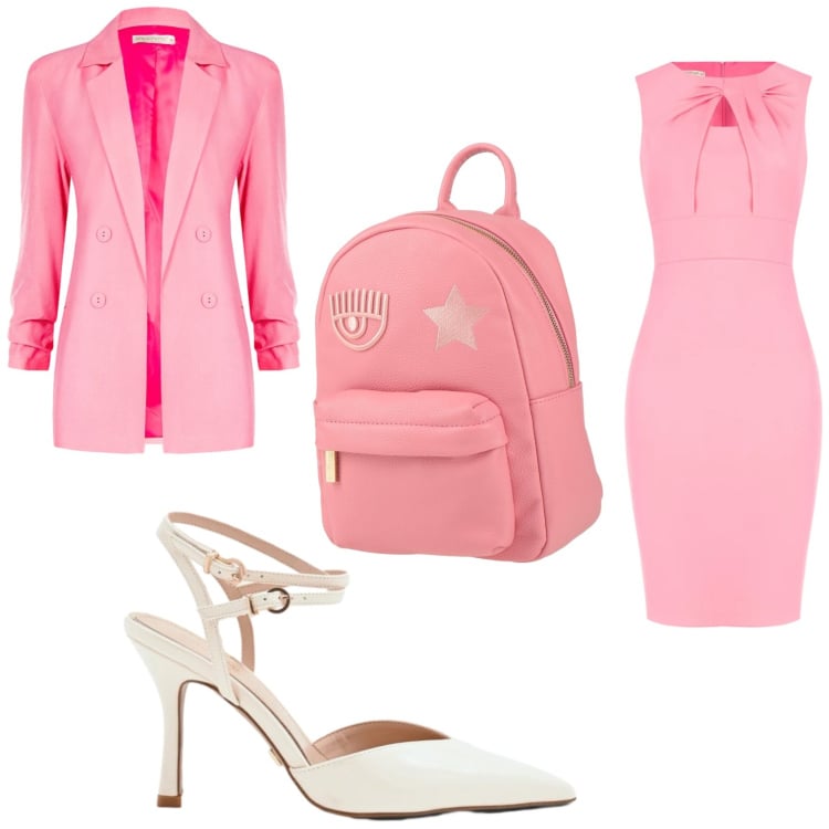 Outfit donna - Think pink. Stile Bon Ton per Ufficio. Abbinamento con zaini, décolleté, blazer, vestiti a tubino.