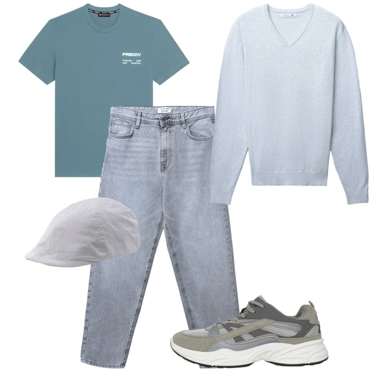 Outfit uomo - Aria. Stile Casual per Tutti i giorni. Abbinamento con t-shirt, cappelli con visiera, sneakers, jeans, maglieria.