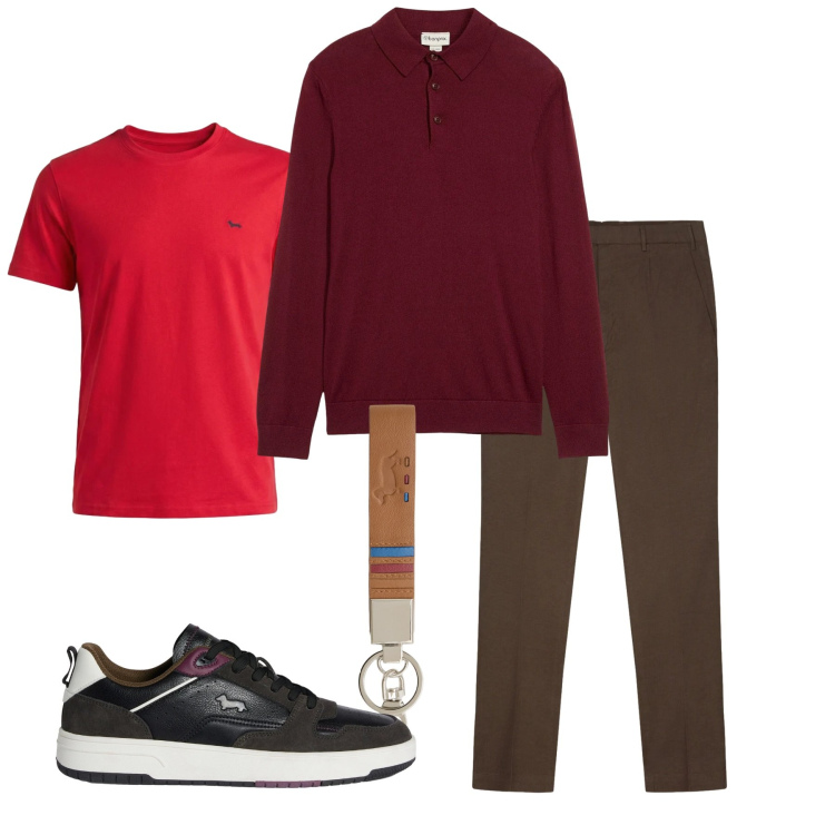 Outfit uomo - Fuoco. Stile Casual per Tutti i giorni. Abbinamento con maglieria, portachiavi, t-shirt, sneakers, pantaloni.