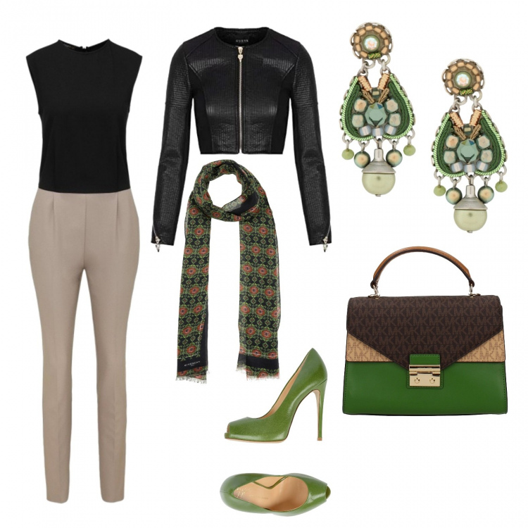 Outfit donna - Bon Ton #1857. Stile Bon Ton per Tutti i giorni. Abbinamento con décolleté con tacco spillo open toe tinta unita, orecchini con perline e farfallina in ottone, stola fantasia multicolore in flanella, borsa a mano con logo frontale verde, jumpsuit, giacca crop.
